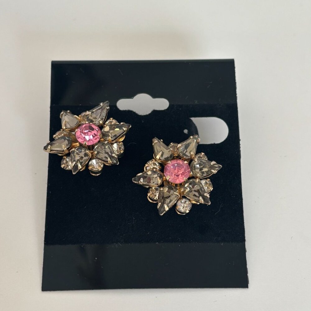 Hattie Carnegie Clip-On Earrings Pink Smoky Grey Rhinestones Jewelry Vintage - Picture 3 of 10